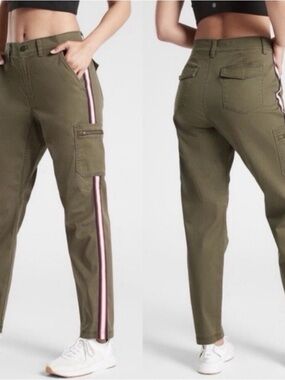 Athleta NWOT Olive Cargo Pants with Pink & White Side Stripe size 10